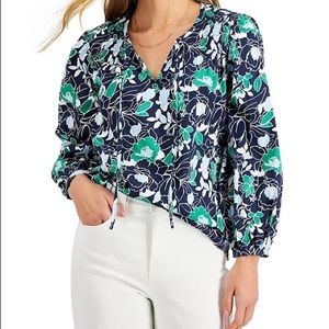 Charter Club Long Sleeve Floral Top XXL NWT Navy Blue Green and White
